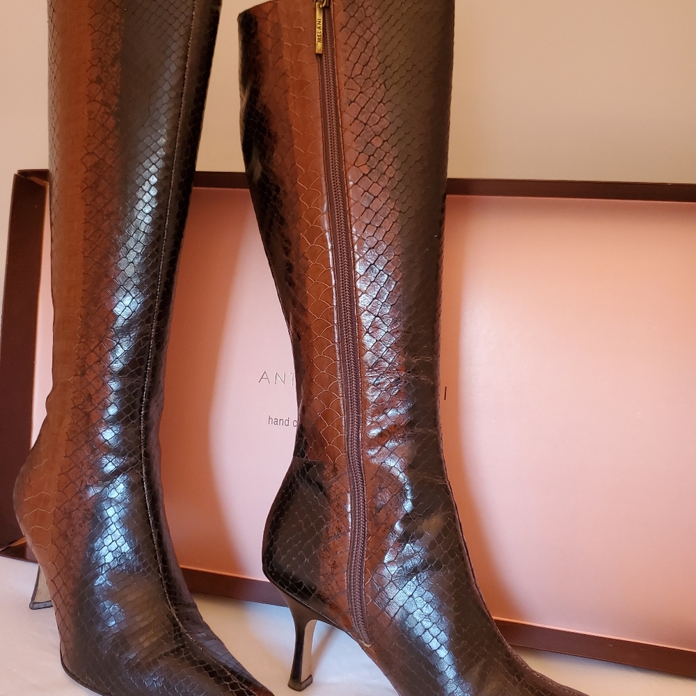 ANTONIO MELANI Brown Snakeskin Knee-High Stiletto Boots - Picture 2 of 7